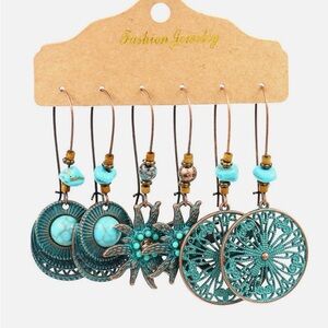 Turquoise and Copper Colored Bohemian Earrings Set Trio #2031